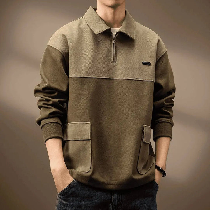 Men's Long Sleeve Polo Shirt | Color Block Quarter-Zip Detail