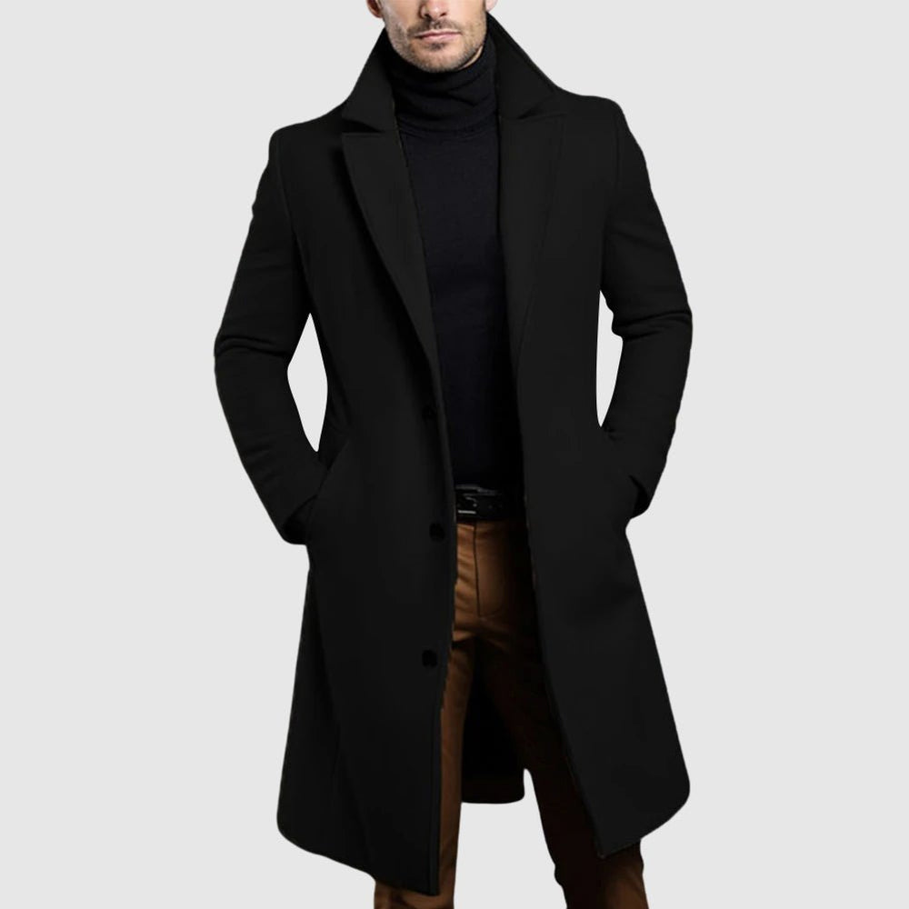 Men's Longline Single-Breasted Wool Coat | Lapel Front