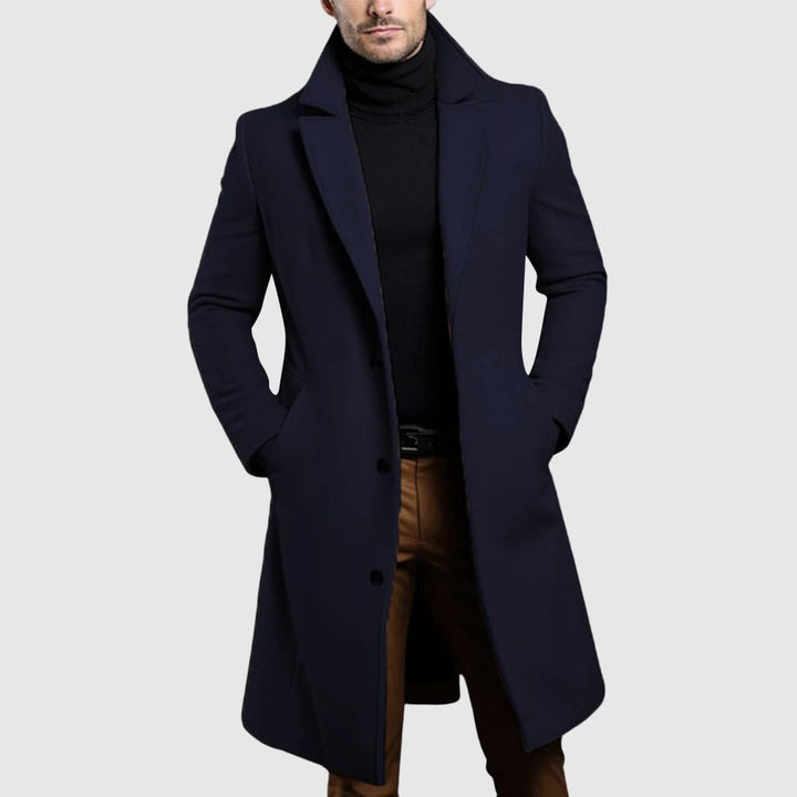 Men's Longline Single-Breasted Wool Coat | Lapel Side