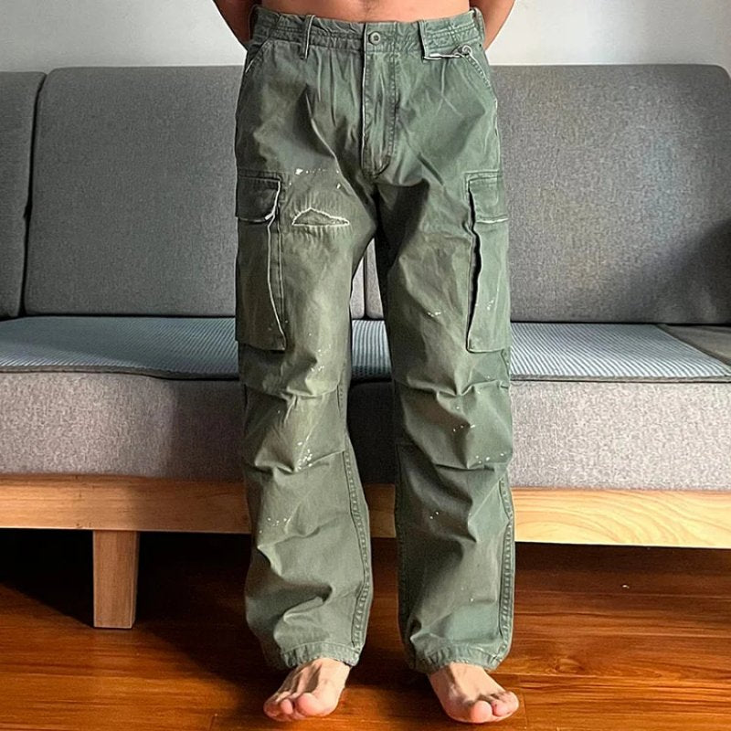 Men's Loose Fit Washed Cargo Pants | Paint Splatter Detail Front