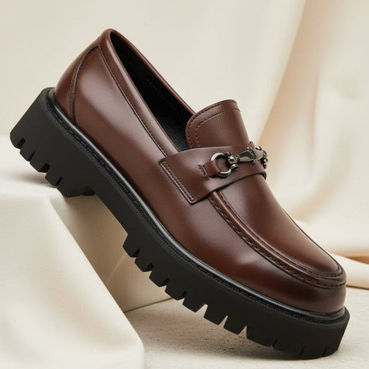 Men's Lug Sole Leather Dress Loafers | Metal Buckle Front