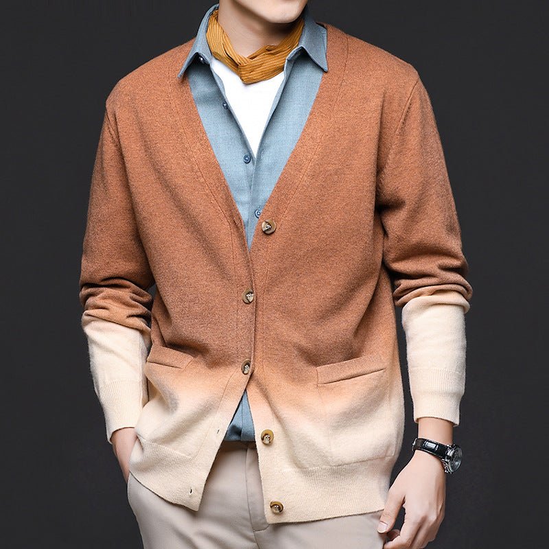 Men's Ombre Cardigan Sweater | Gradient Knit Ribbed Cuffs Angle