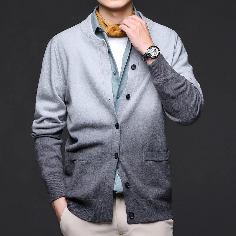 Men's Ombre Cardigan Sweater | Gradient Knit Ribbed Cuffs Back