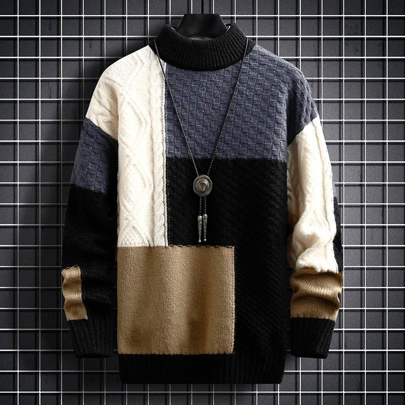 Men's Patchwork Wool Blend Knit Sweater | O-Neck Front