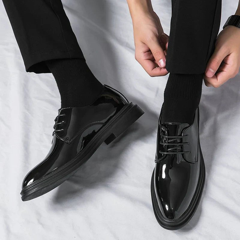 Men's Patent Derby Dress Shoes Close Up