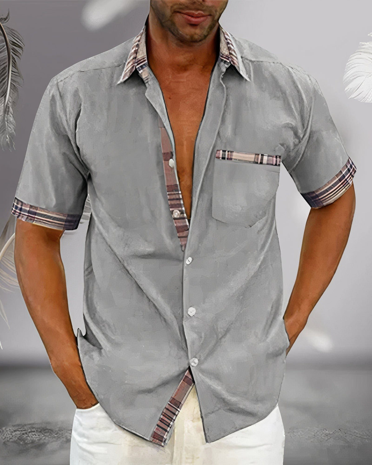 Men's Plaid Accent Button-Down Shirt | Hidden Contrast Trim Close Up