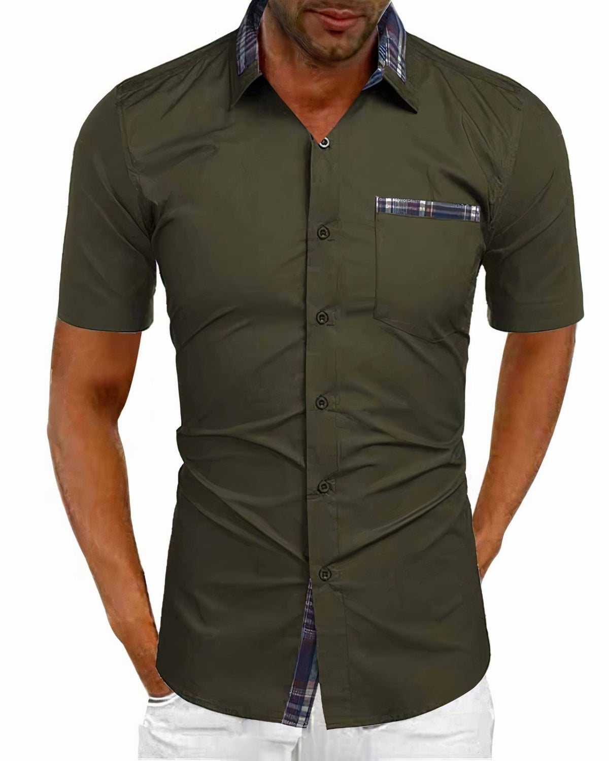 Men's Plaid Accent Button-Down Shirt | Hidden Contrast Trim Full