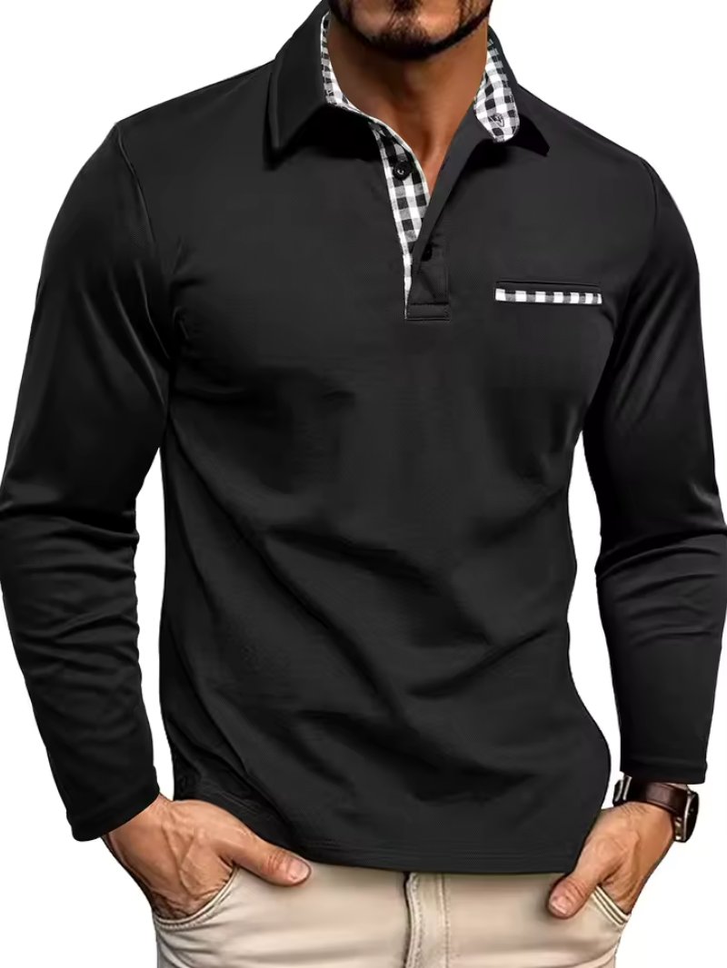 Men's Plaid Collar Long Sleeve Polo Top Detail