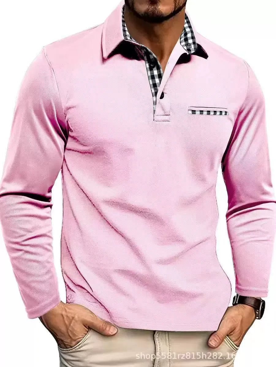 Men's Plaid Collar Long Sleeve Polo Top View 12