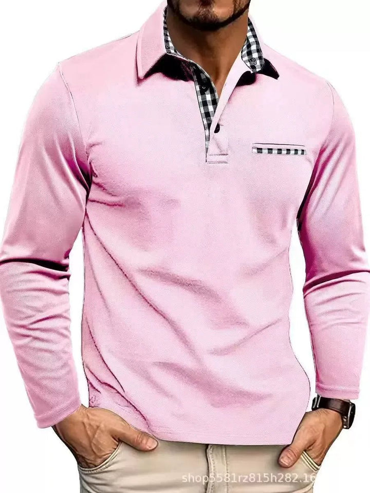 Men's Plaid Collar Long Sleeve Polo Top View 12