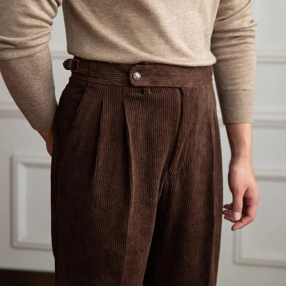 Men's Pleated Corduroy Trousers | High-Waist Tailored Fit Angle
