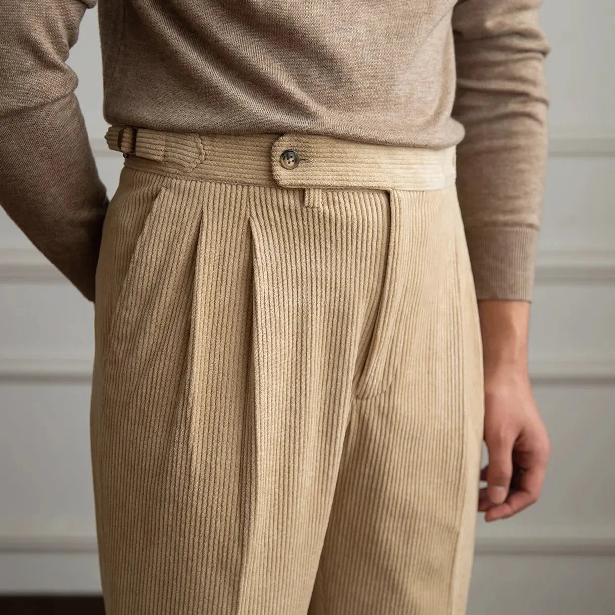 Men's Pleated Corduroy Trousers | High-Waist Tailored Fit Close Up