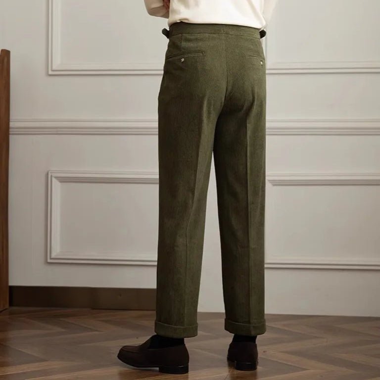 Men's Pleated Corduroy Trousers | High-Waist Tailored Fit Detail
