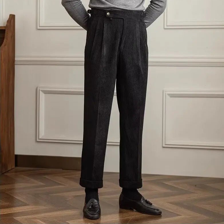 Men's Pleated Corduroy Trousers | High-Waist Tailored Fit Full