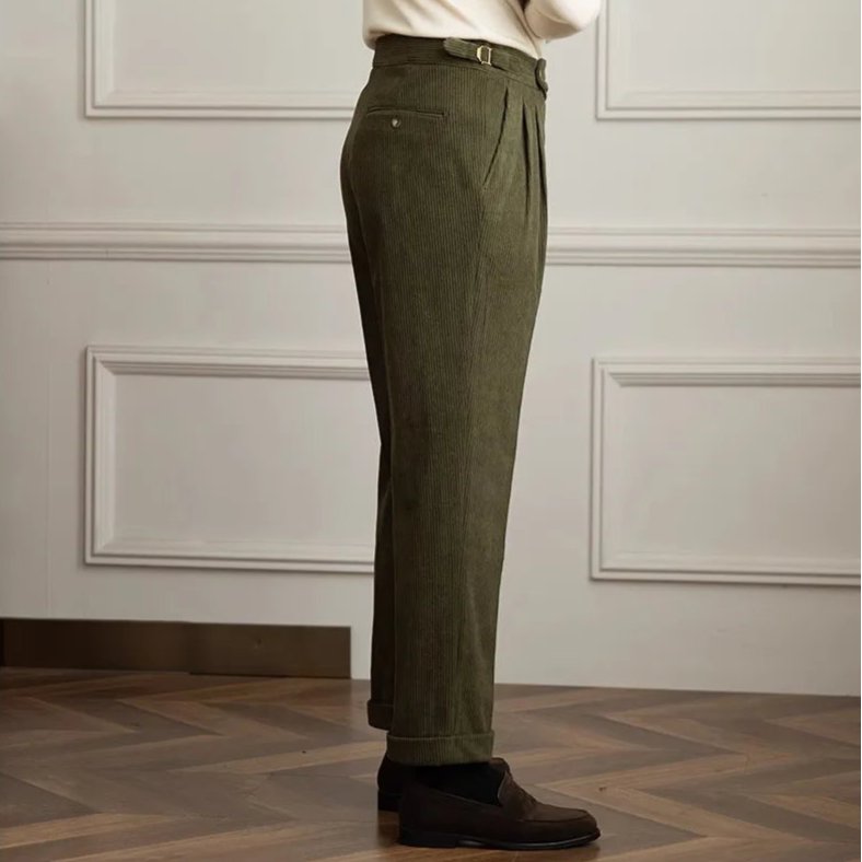 Men's Pleated Corduroy Trousers | High-Waist Tailored Fit Side