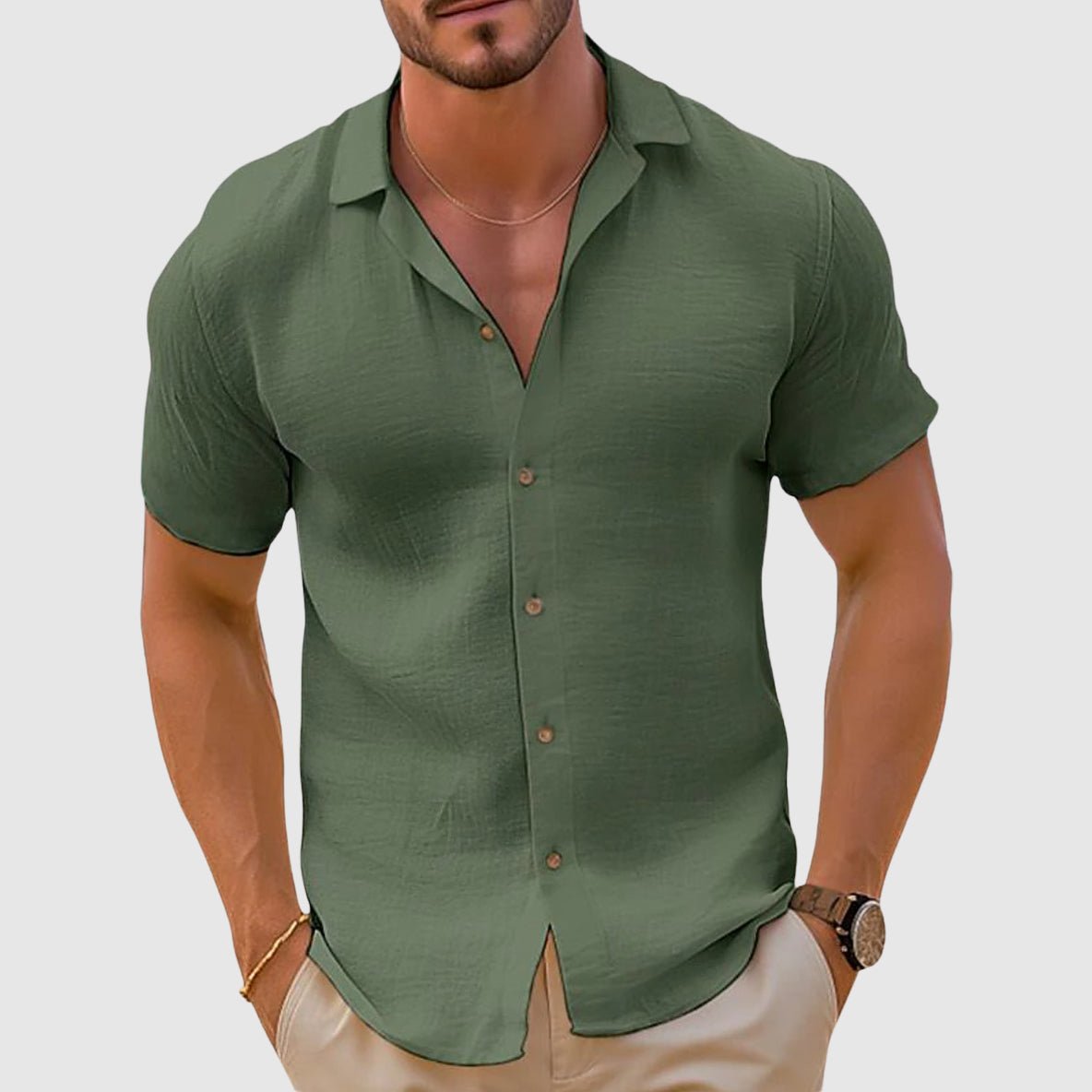 Men's Relaxed Collar Linen Shirt Top Close Up