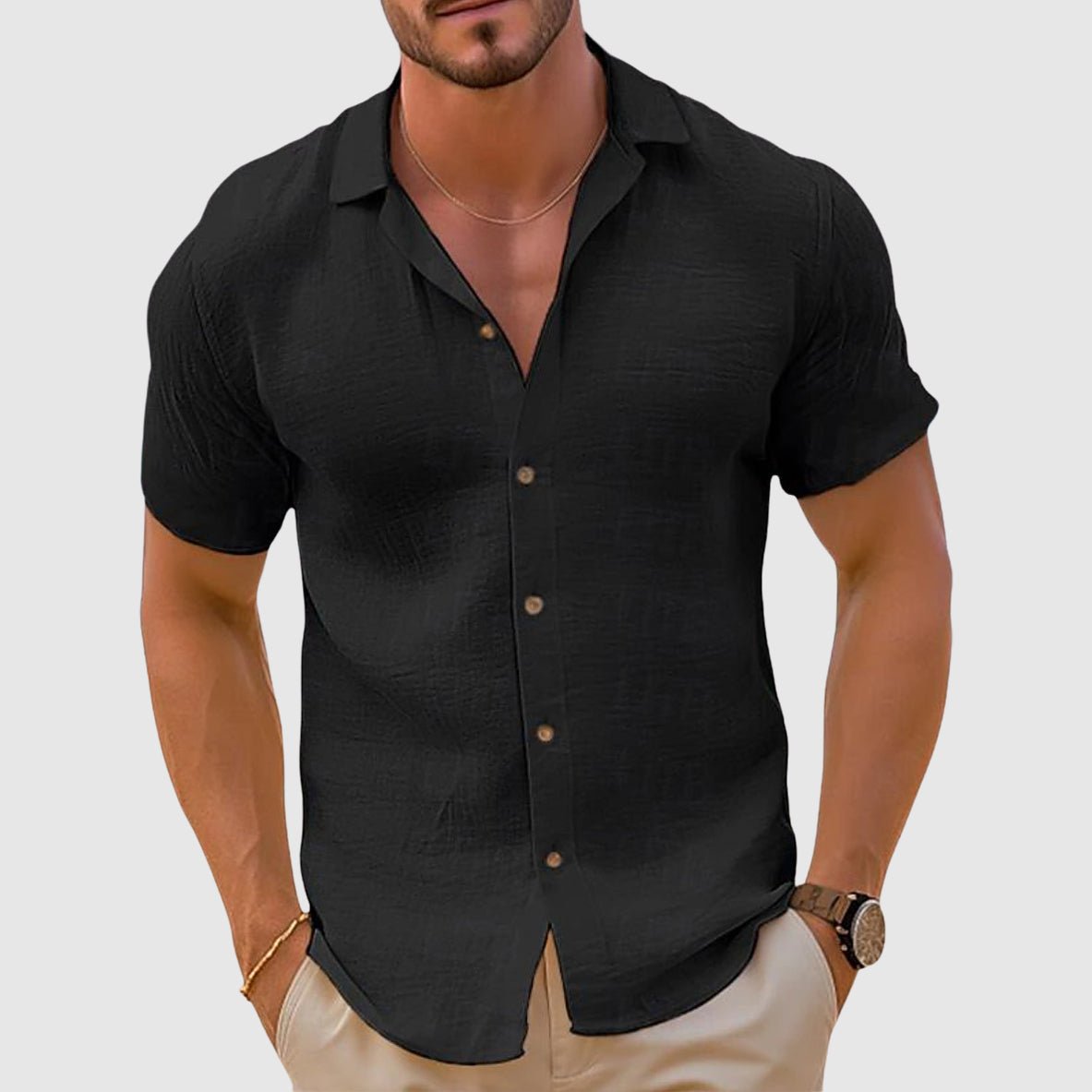 Men's Relaxed Collar Linen Shirt Top Detail