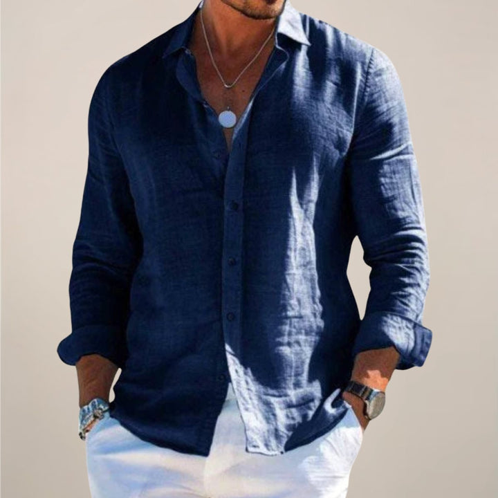 Men's Relaxed Linen Button Shirt Top Close Up