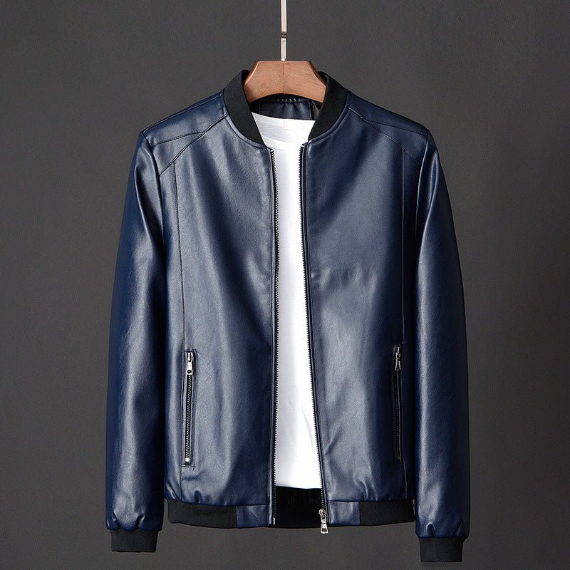 Men's Ribbed Collar PU Leather Jacket | Stand Zip Detail
