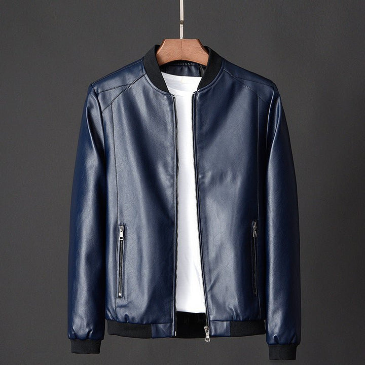 Men's Ribbed Collar PU Leather Jacket | Stand Zip Detail