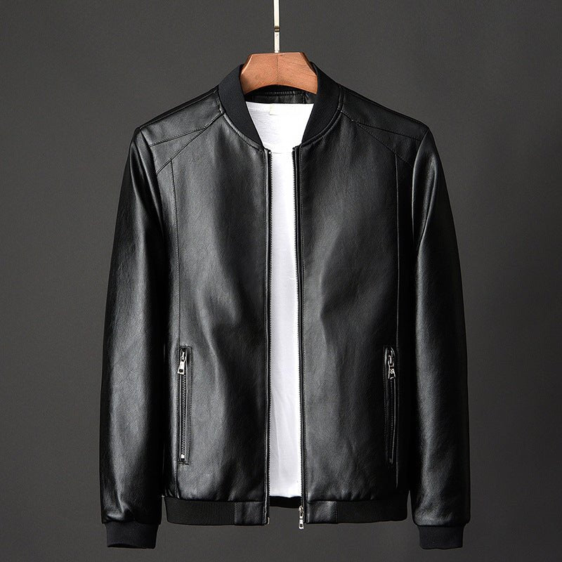 Men's Ribbed Collar PU Leather Jacket | Stand Zip Hero