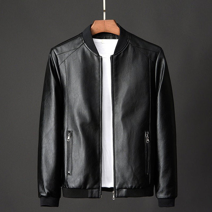 Men's Ribbed Collar PU Leather Jacket | Stand Zip Hero
