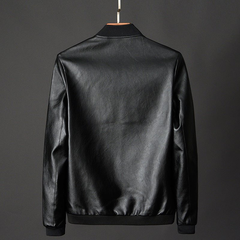 Men's Ribbed Collar PU Leather Jacket | Stand Zip Side