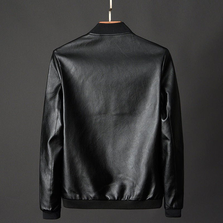 Men's Ribbed Collar PU Leather Jacket | Stand Zip Side