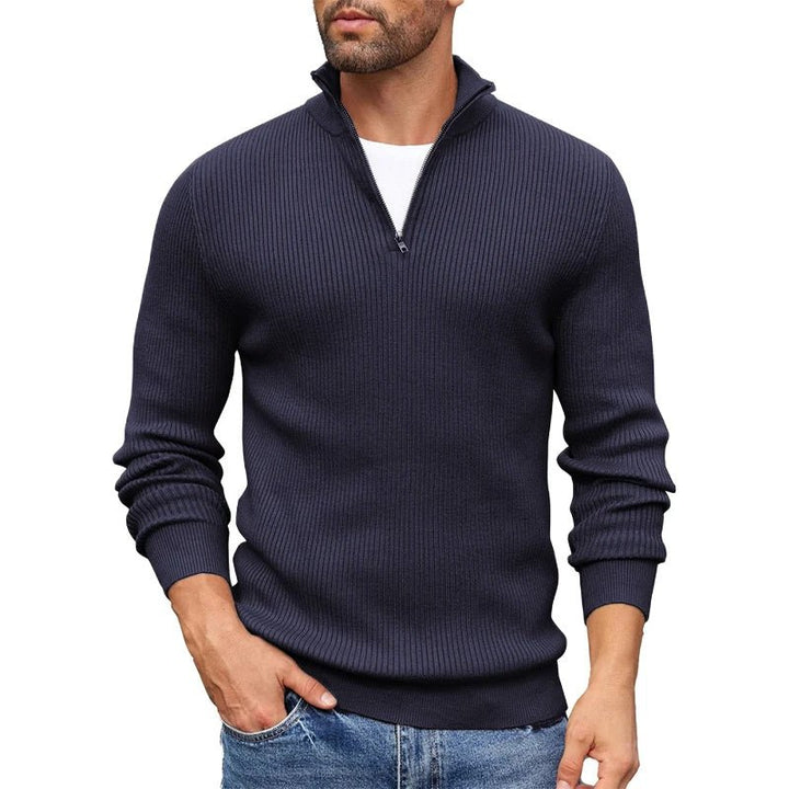 Men's Ribbed Knit Zip-Up Collar Sweater | Slim Fit Back