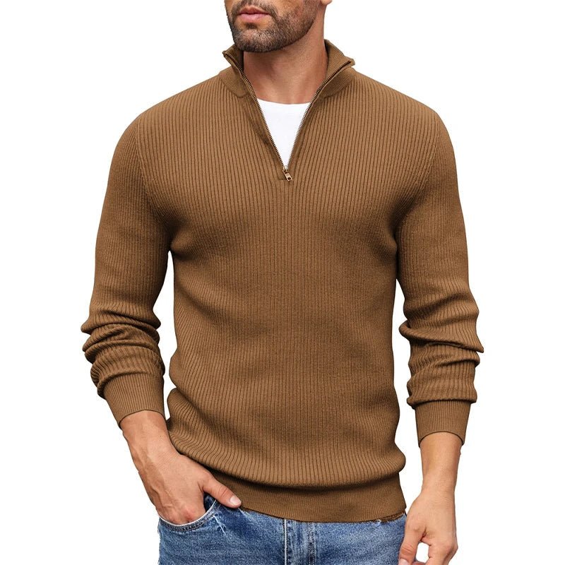 Men's Ribbed Knit Zip-Up Collar Sweater | Slim Fit Detail