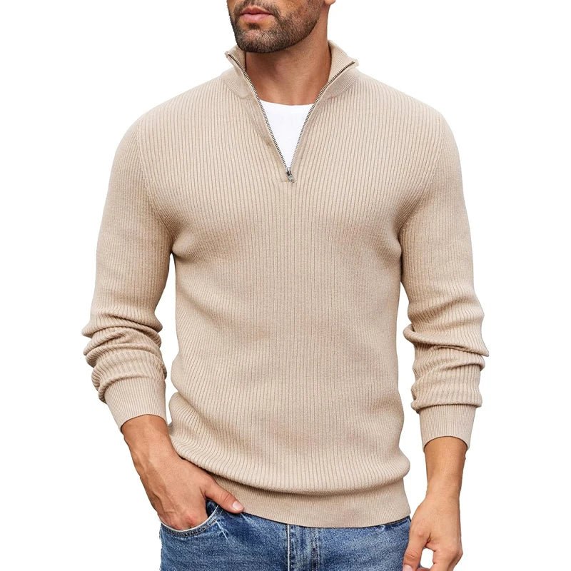 Men's Ribbed Knit Zip-Up Collar Sweater | Slim Fit Hero