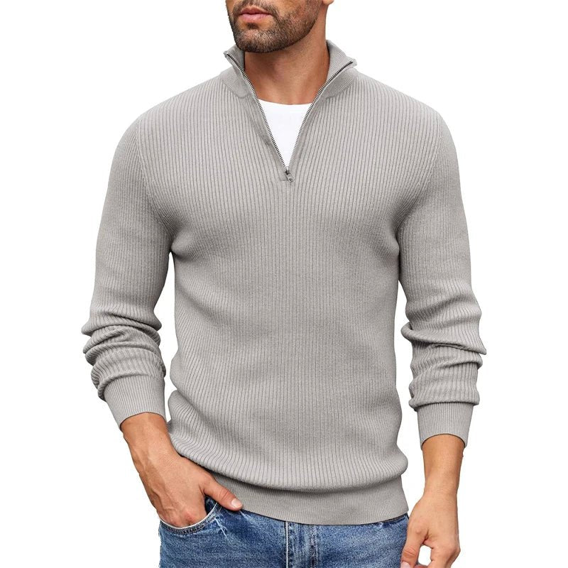 Men's Ribbed Knit Zip-Up Collar Sweater | Slim Fit Side