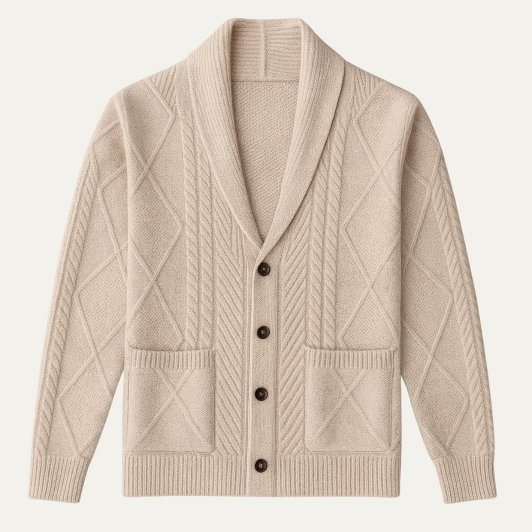 Men's Shawl Collar Wool Button Cardigan Sweater | Tailored Fit Angle