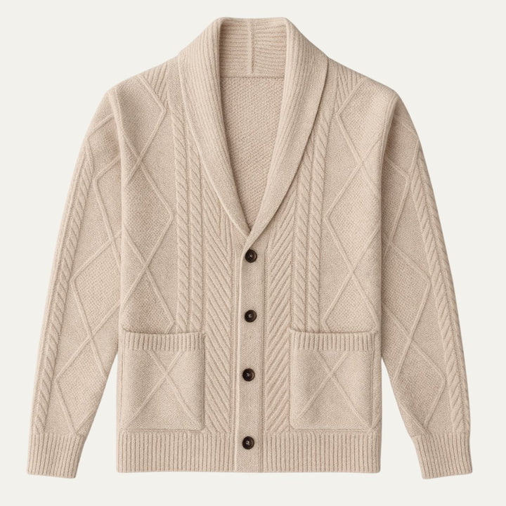 Men's Shawl Collar Wool Button Cardigan Sweater | Tailored Fit Angle