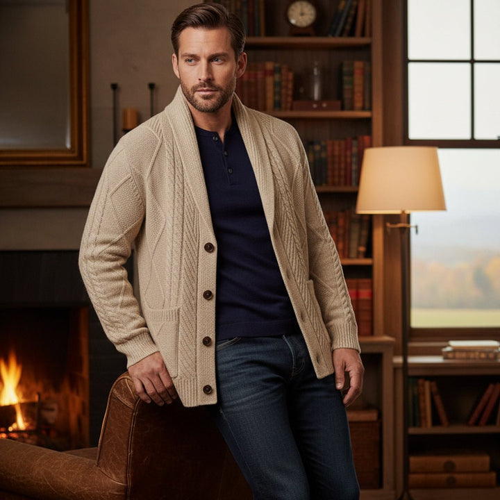 Men's Shawl Collar Wool Button Cardigan Sweater | Tailored Fit View 13
