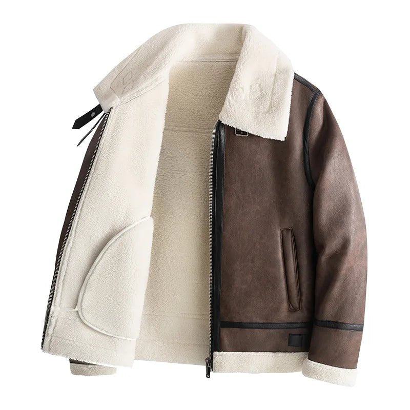 Men's Shearling Collar Leather Jacket | Zip Front Slim Fit Hero