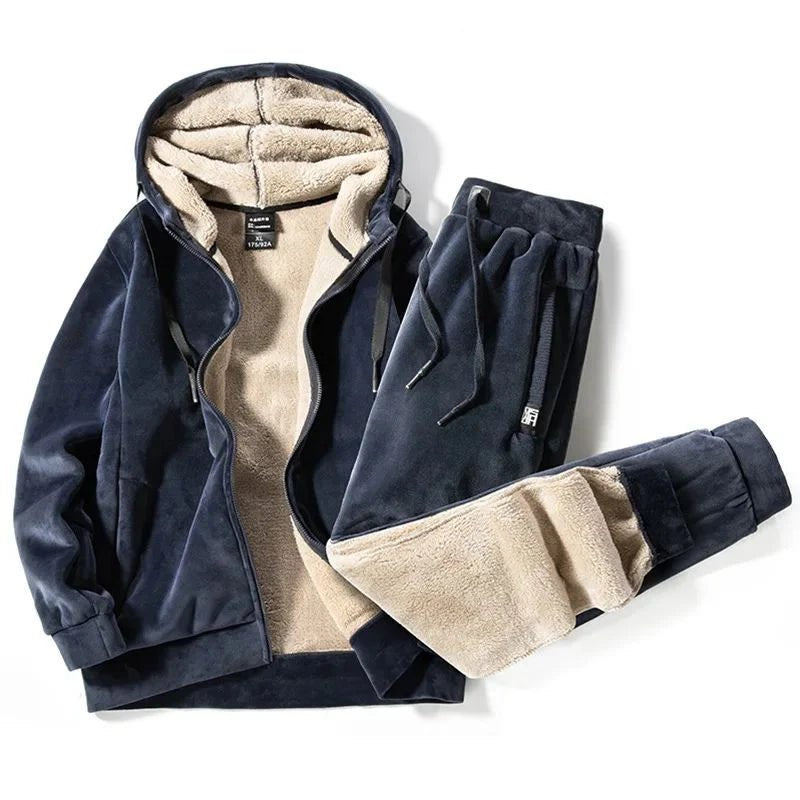 Men's Sherpa-Lined Hooded Tracksuit | Jacket Pants Winter Warmth Close Up