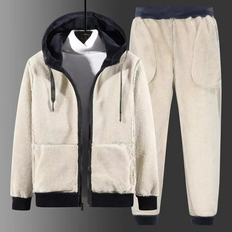 Men's Sherpa-Lined Hooded Tracksuit | Jacket Pants Winter Warmth Side