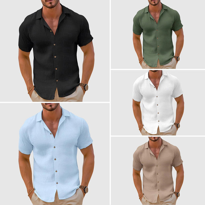 Men's Short Sleeve Collar Linen Shirt Close Up