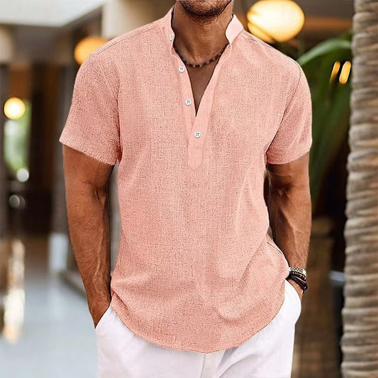 Men's Short Sleeve Linen Henley Shirt | Casual Front