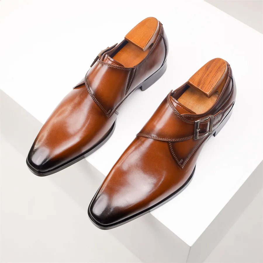 Men's Single Buckle Monk Strap Shoes | Leather Pointed Toe Front