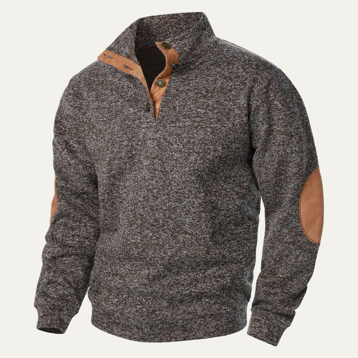 Men's Stand Collar Pullover Sweater | Suede Elbow Patches Close Up