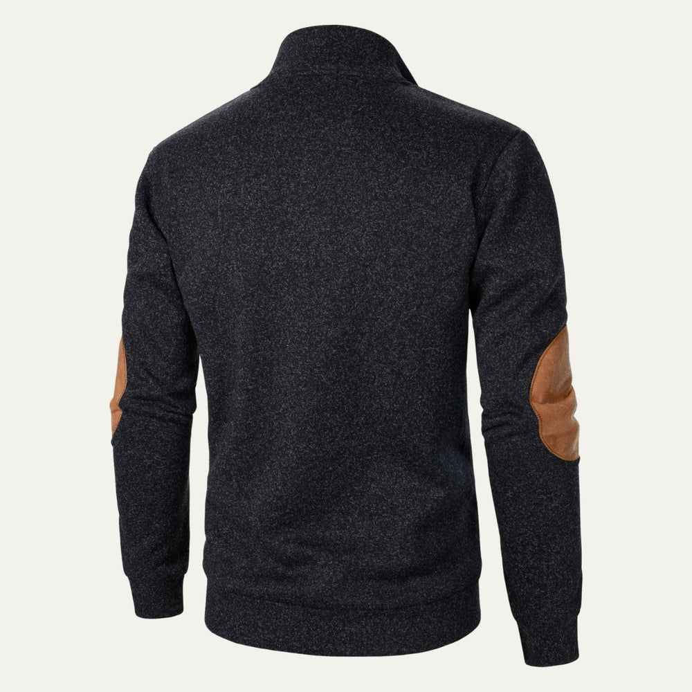 Men's Stand Collar Pullover Sweater | Suede Elbow Patches Front