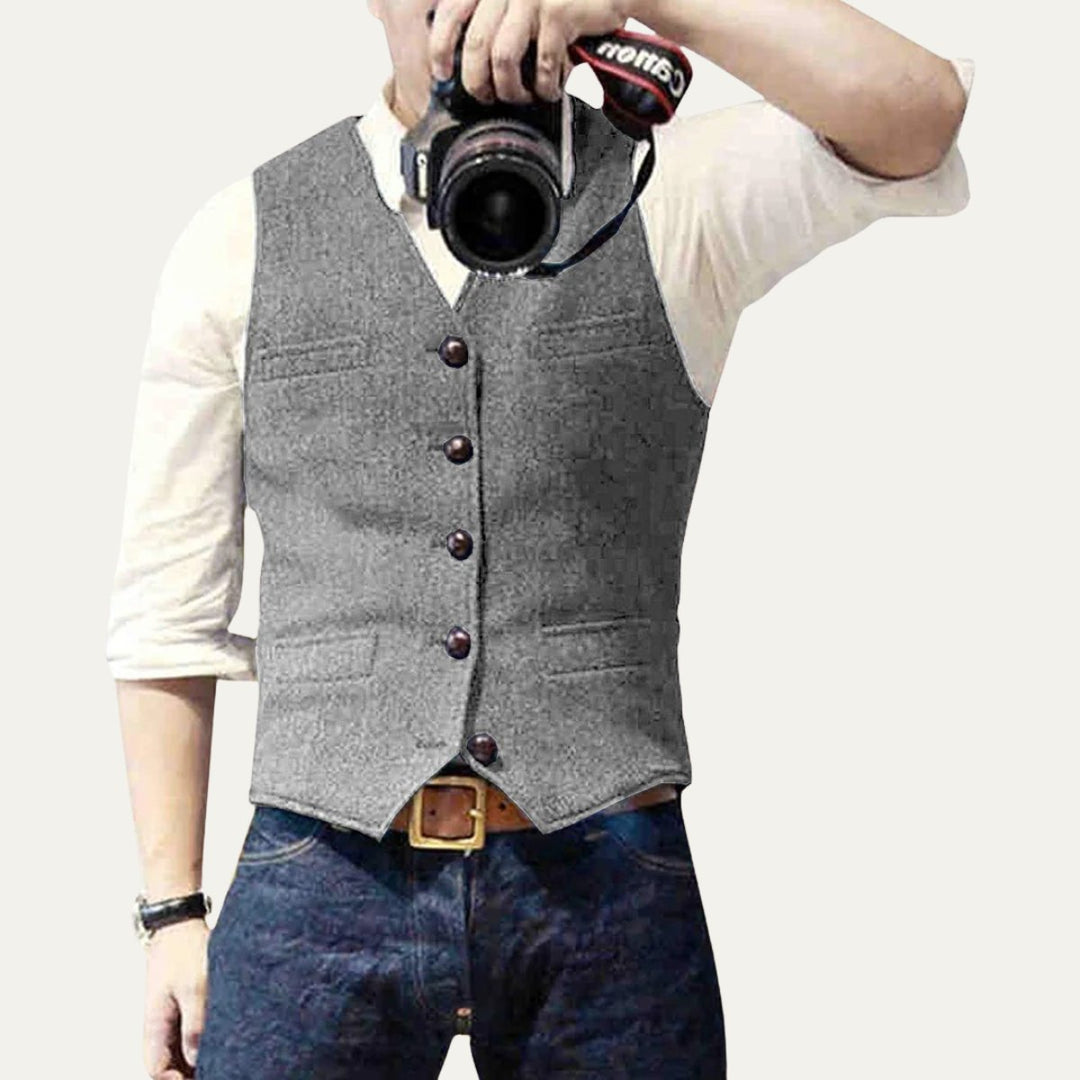 Men's Vintage Button-Up Vest | Notched Hem Tailored Close Up