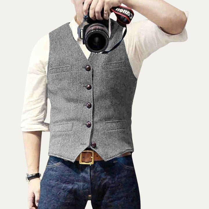 Men's Vintage Button-Up Vest | Notched Hem Tailored Close Up