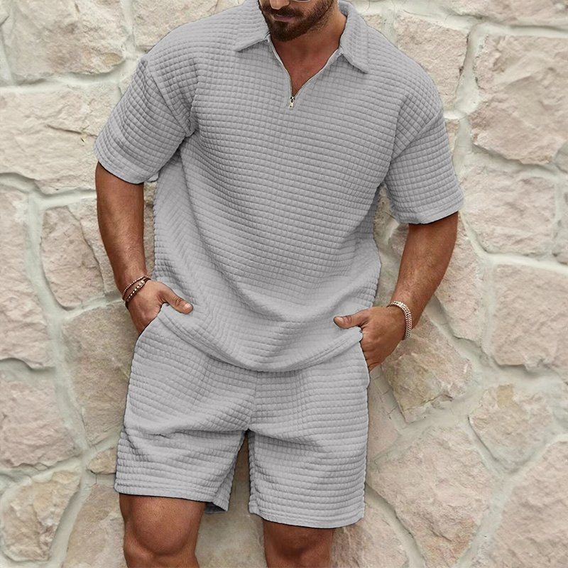 Men's Waffle Knit Half-Zip Polo Set | Shorts Included Back