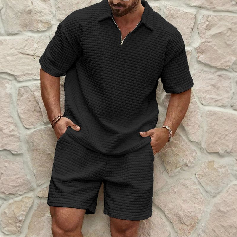Men's Waffle Knit Half-Zip Polo Set | Shorts Included Detail