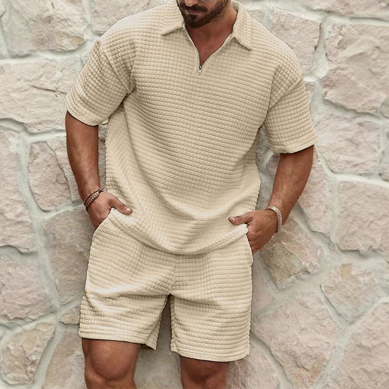 Men's Waffle Knit Half-Zip Polo Set | Shorts Included Side