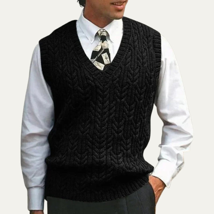 Men's Warm Cable Knitted V Neck Sweater Vest | Layering Detail