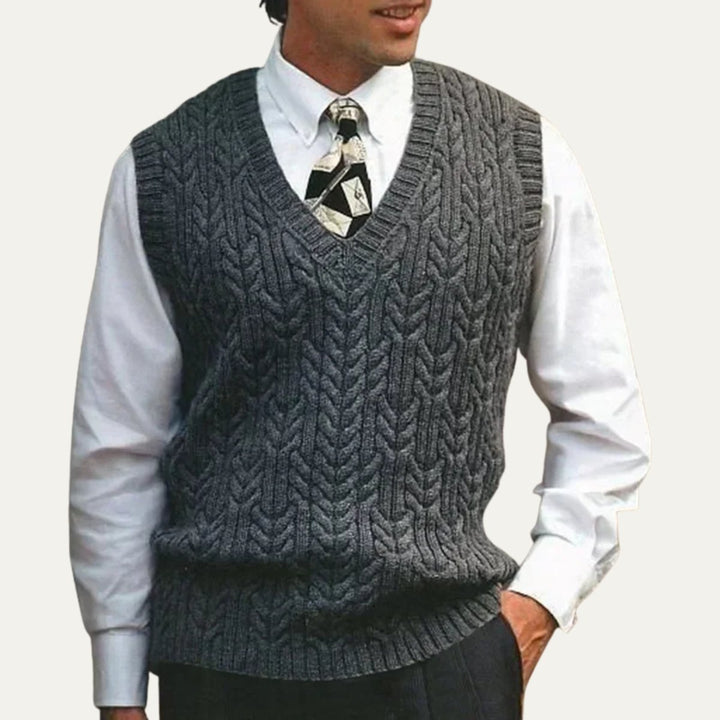 Men's Warm Cable Knitted V Neck Sweater Vest | Layering Front